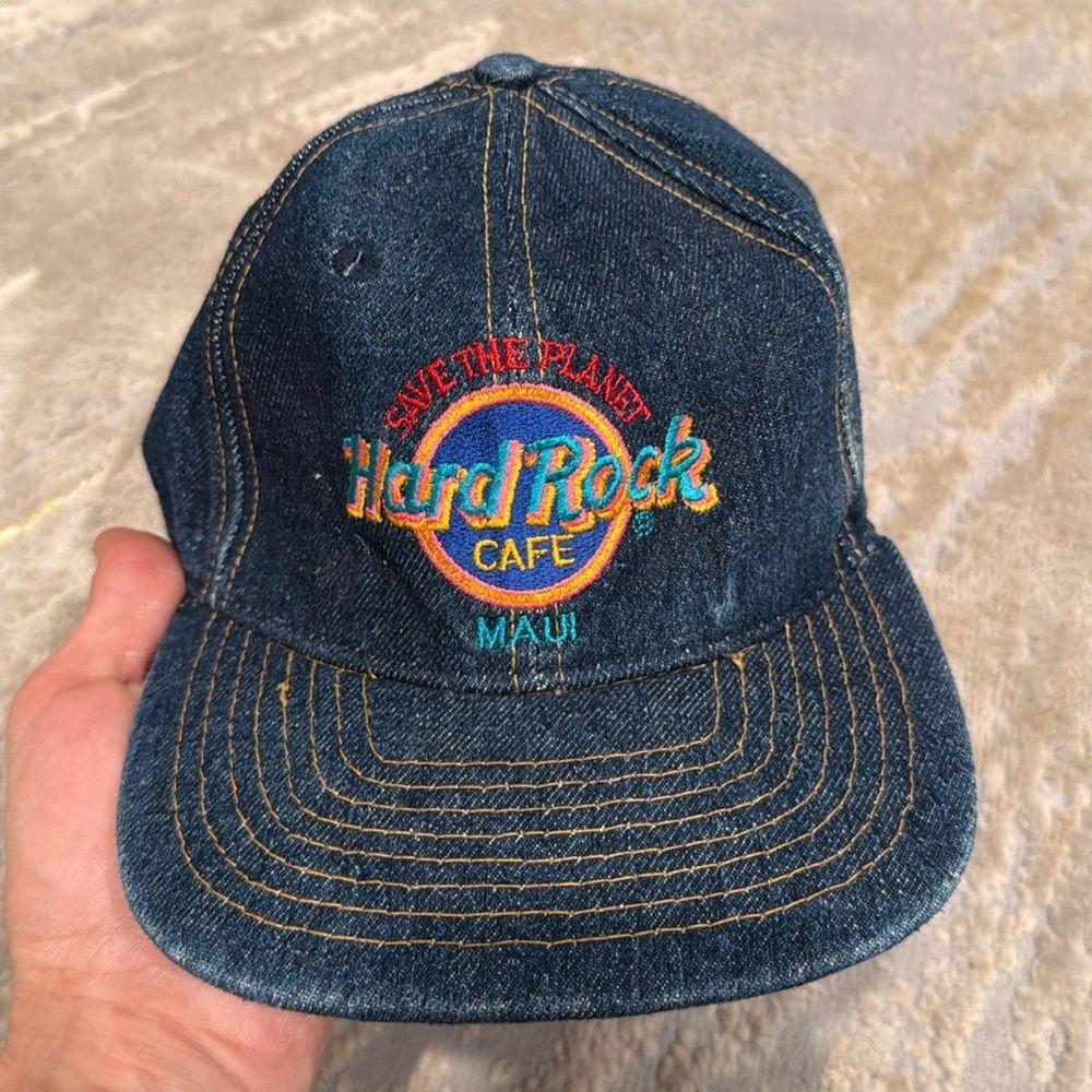 Vintage Hard Rock Cafe MAUI Save the Planet Denim Snapback Hat in GUC rare